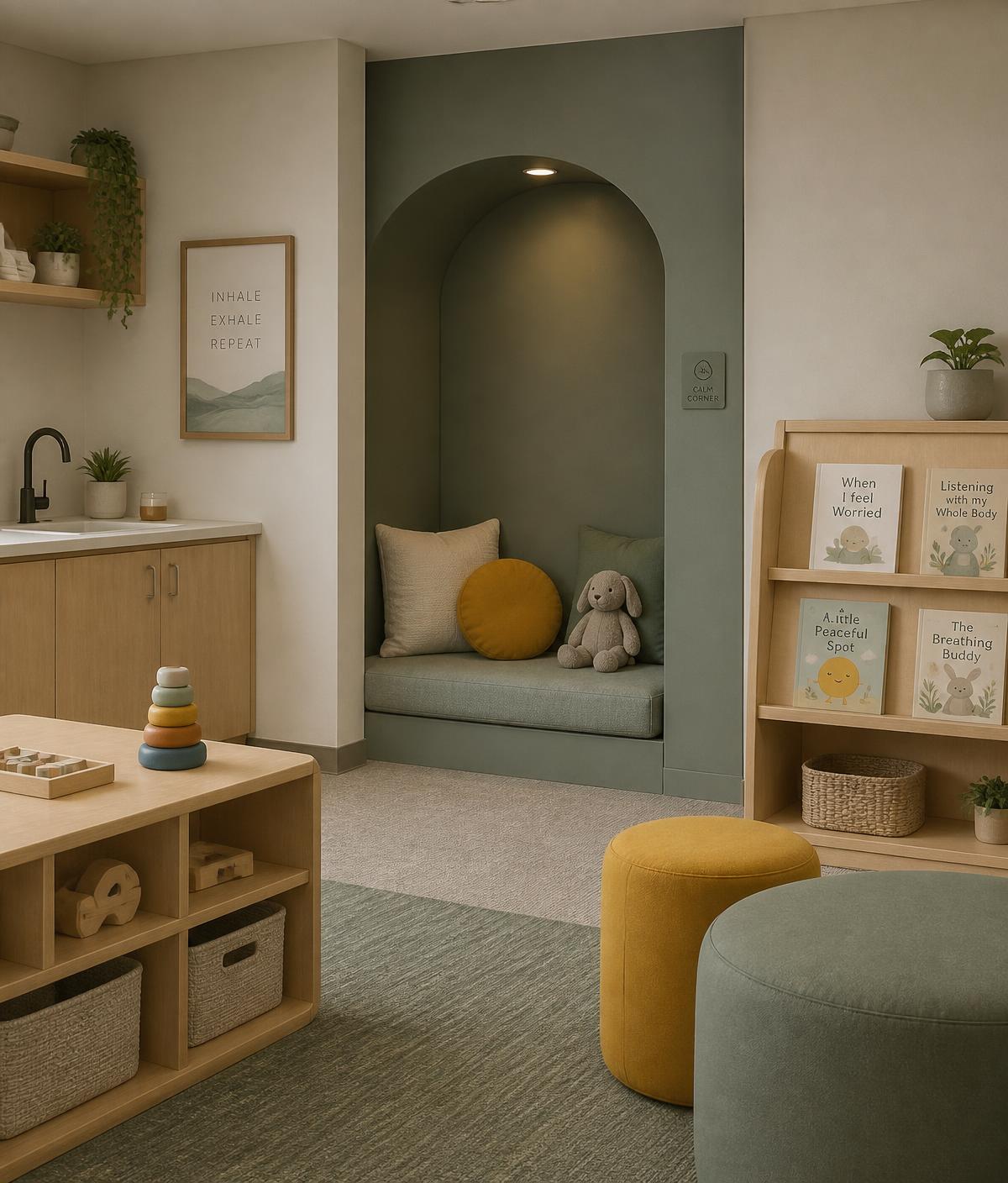 Calm pediatric therapy room with low-glare lighting and a quiet seating nook
