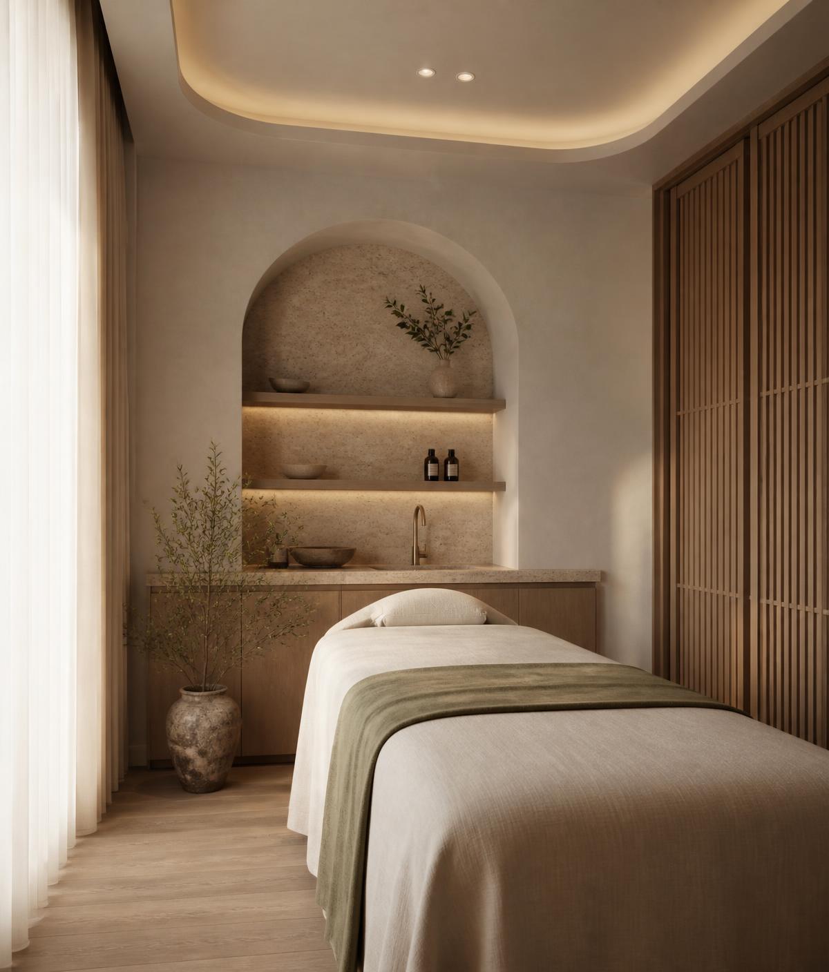 Serene treatment room with warm neutral finishes and diffused lighting